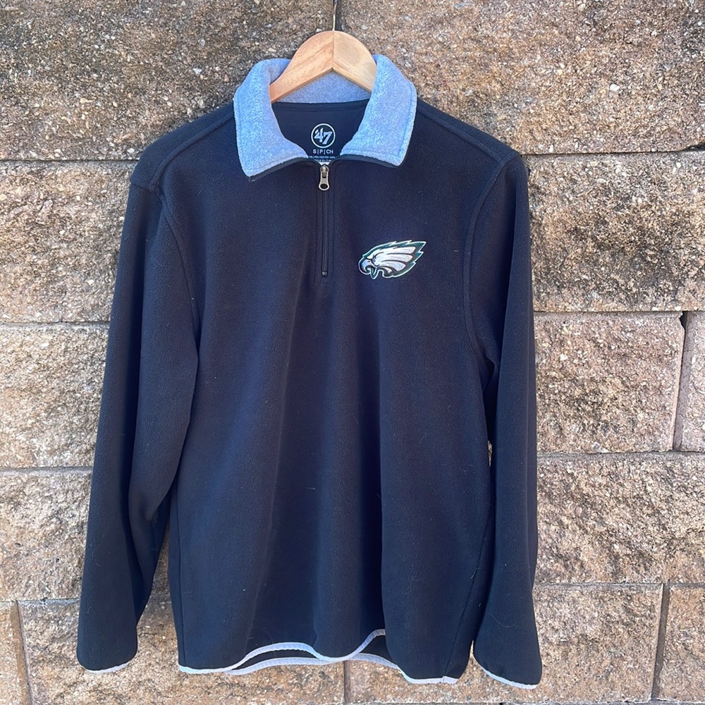 Philadelphia Eagles 47' Brand Stitched Quarter Zip Fleece Black w/ Gray Trim - S